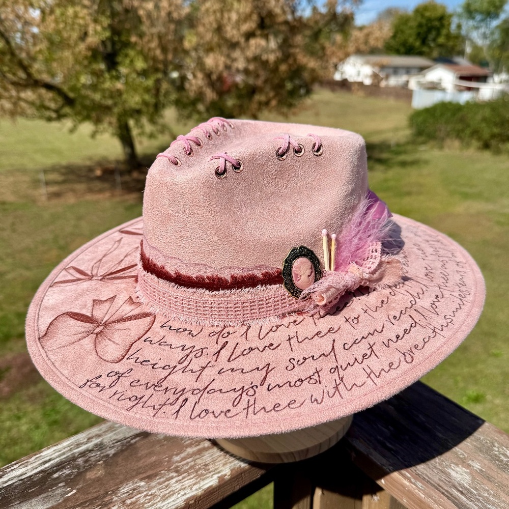 Hand Burned Hat with “How Do I Love Thee” Poem and Bows